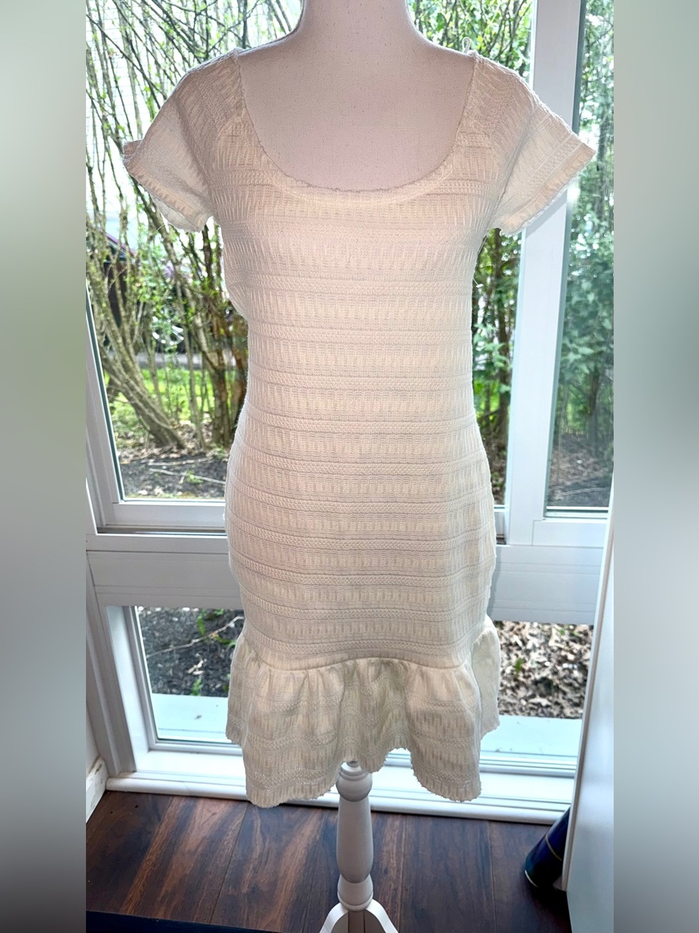 Free People NWOT Cream Textured Knit Dress Medium Coquette Ruffle